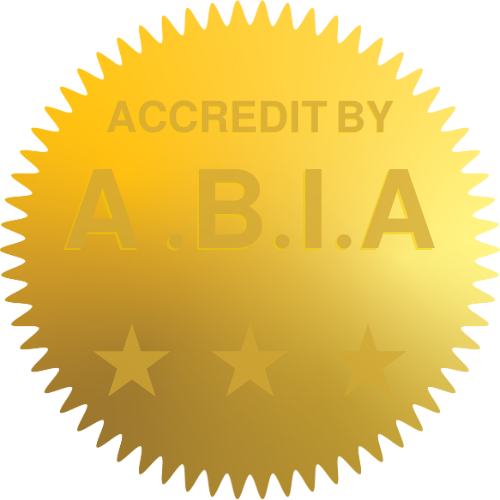 Gold-colored official seal with three stars and the text 'Accredit by A.B.I.A.', symbolizing high-quality certification.