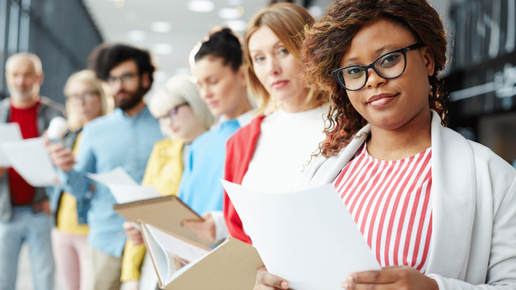 Diverse group of professionals, including men and women, holding resumes or documents, symbolizing job readiness and career advancement in fields like accounting and journalism.